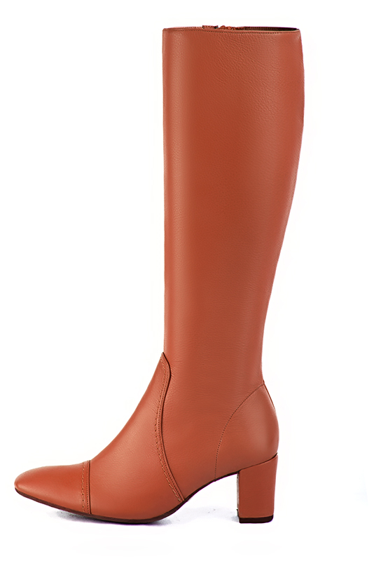 Terracotta orange women's feminine knee-high boots. Round toe. Medium block heels. Made to measure. Profile view - Florence KOOIJMAN